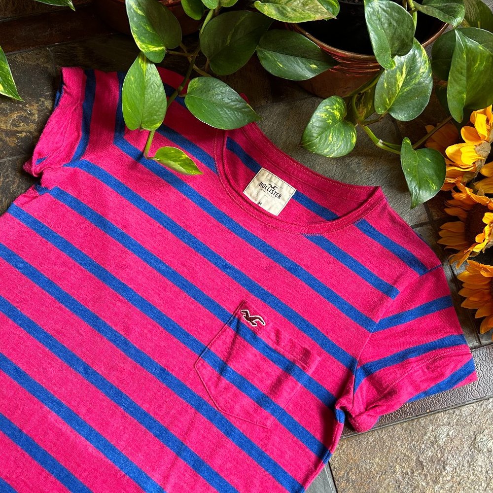 NEW Hollister Striped Tee in Pink and Blue M - Picture 1 of 10